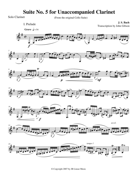 Bach Suite 5 Set For Unaccompanied Clarinet Sheet Music