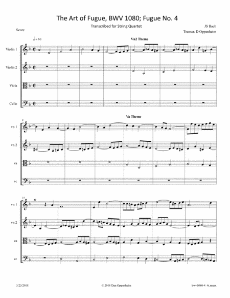 Free Sheet Music Bach The Art Of Fugue Bwv 1080 Fugue No 4 Arranged For String Quartet