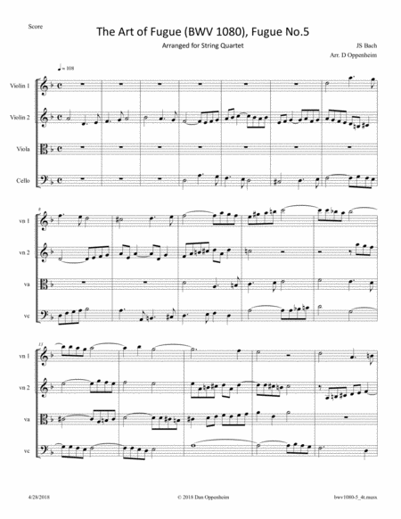 Free Sheet Music Bach The Art Of Fugue Bwv 1080 Fugue No 5 Arr For String Quartet