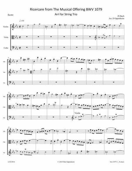 Free Sheet Music Bach The Musical Offering Bwv 1079 No 1 Ricercare A 3 Arr For String Trio Violin Viola And Cello