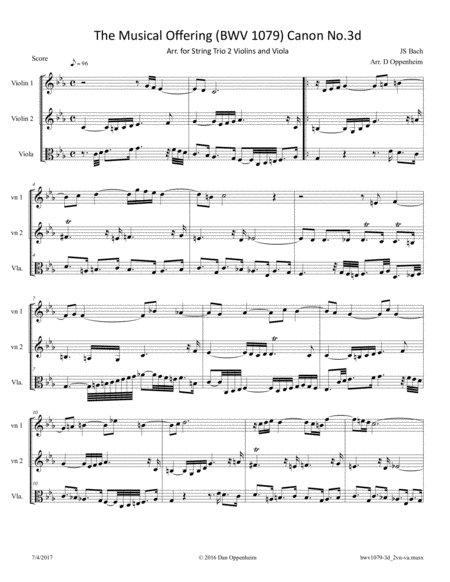 Bach The Musical Offering Bwv 1079 No 3d Canon Arr For 2 Violins And Viola Sheet Music