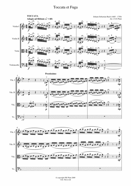 Bach Toccata Et Fuga For String Quartet Score And Parts Sheet Music