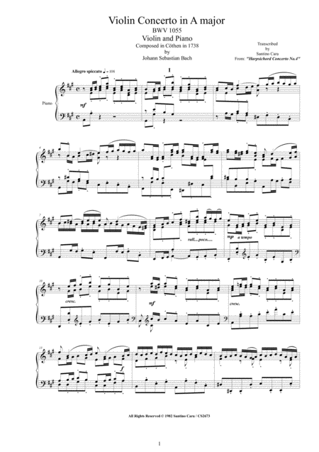 Bach Violin Concerto In A Major Bwv1055 For Violin And Piano Sheet Music