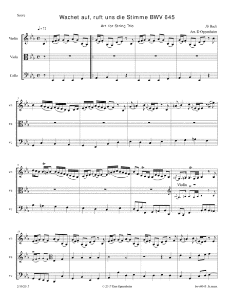 Bach Wachet Auf Ruft Uns Die Stimme Bwv 645 Arr For String Trio Sheet Music