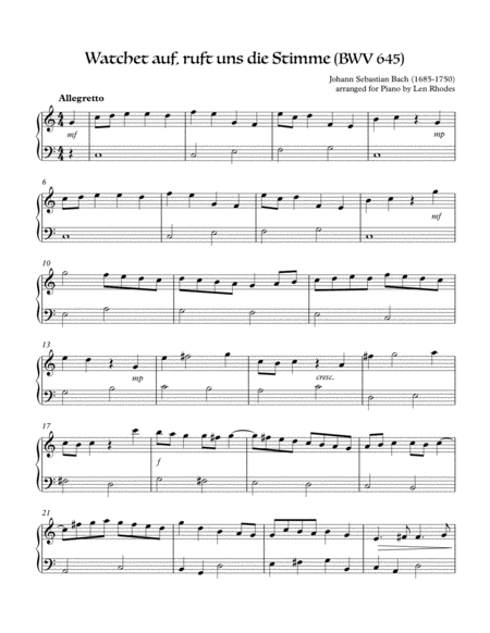 Bach Wachet Auf Sleepers Awake For Easy Piano Or Organ Solo Sheet Music