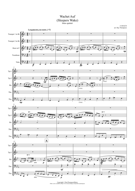 Bach Wachet Auf Sleepers Wake From Cantata 140 Brass Quintet Sheet Music