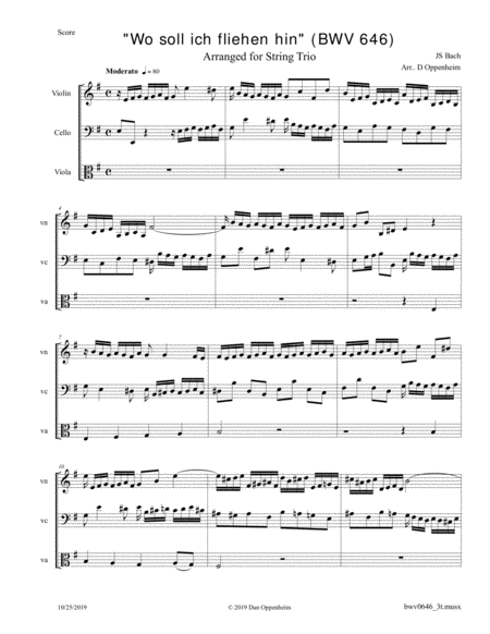 Free Sheet Music Bach Wo Soll Ich Fliehen Hin Bwv 646 Arranged For Violin Cello And Viola