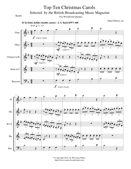 Bachs In Dulci Jubilo For Woodwind Quintet Sheet Music