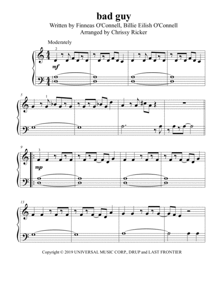 Bad Guy Beginner Big Note Piano Sheet Music