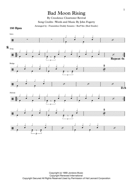 Free Sheet Music Bad Moon Rising By Creedence Clearwater Revival Ccr Drum Scores