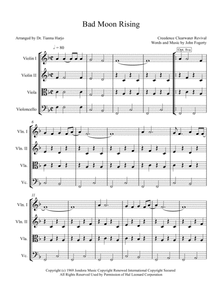 Bad Moon Rising String Quartet Sheet Music