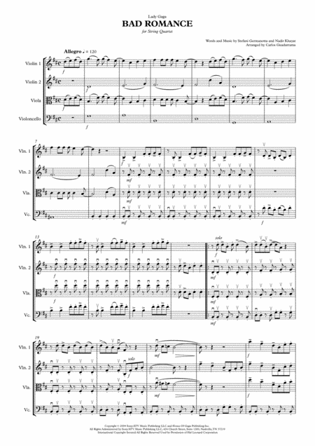 Bad Romance For String Quartet Sheet Music