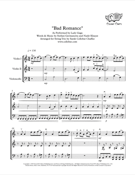 Free Sheet Music Bad Romance String Trio 2 Violins Cello Lady Gaga Arr Cellobat