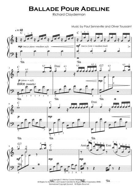 Free Sheet Music Ballade Pour Adeline With Note Names Finger Numbers Guidelines