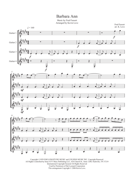 Free Sheet Music Barbara Ann Guitar Quartet Score And Parts