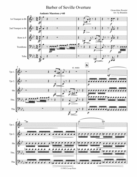 Barber Of Seville Overture For Brass Quintet Sheet Music