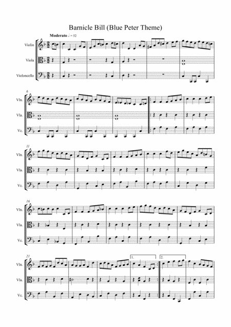 Barnicle Bill Sea Shanty Arranged For String Trio Violin Viola And Cello Sheet Music