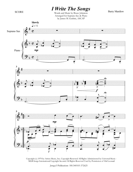 Barry Manilow I Write The Songs For Soprano Sax Piano Sheet Music