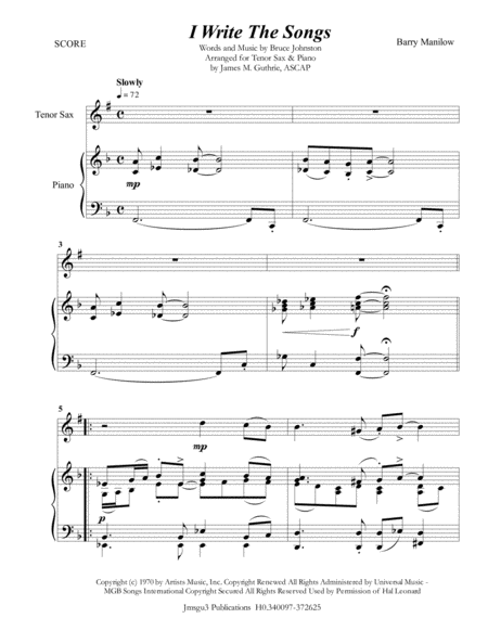 Free Sheet Music Barry Manilow I Write The Songs For Tenor Sax Piano