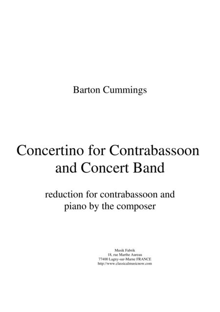 Barton Cummings Concertino For Contrabassoon And Concert Band Piano Reduction And Solo Part Sheet Music