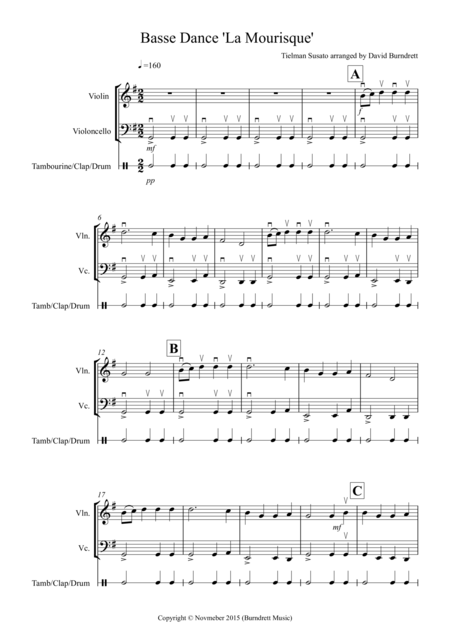 Free Sheet Music Basse Dance By Susato For Violin And Cello Duet