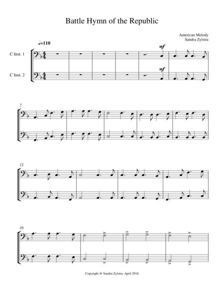 Battle Hymn Of The Republic Bass C Instrument Duet Parts Only Sheet Music