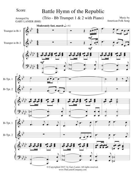 Battle Hymn Of The Republic Trio Bb Trumpet1 Bb Trumpet 2 With Piano Score And Parts Sheet Music