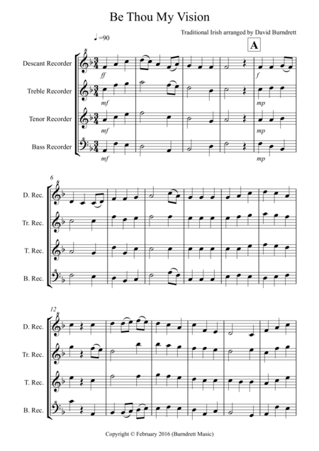 Free Sheet Music Be Thou My Vision For Recorder Quartet