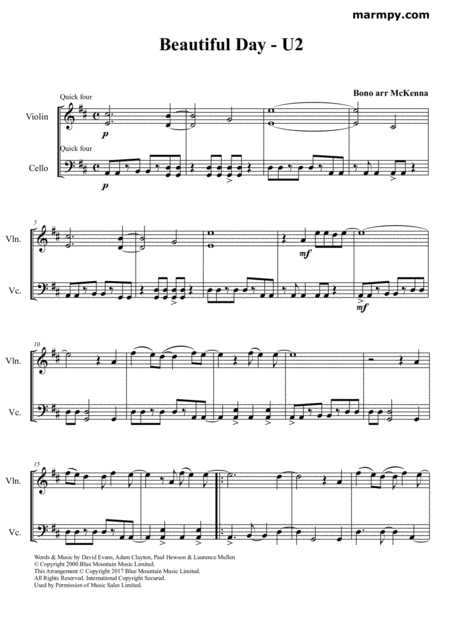 Beautiful Day U2 Arranged For String Duet Sheet Music