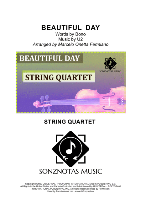 Free Sheet Music Beautiful Day U2 Sheet Music For String Quartet Score And Parts