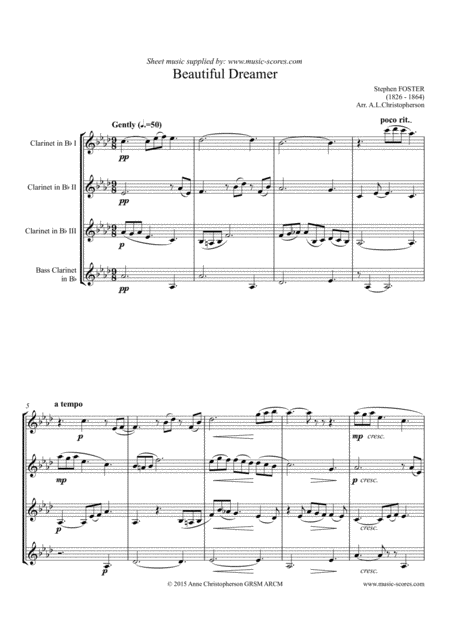 Free Sheet Music Beautiful Dreamer Clarinet Quartet