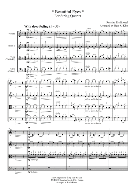 Beautiful Eyes For String Quartet Sheet Music