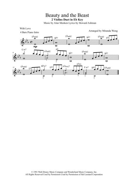 Beauty And The Beast 2 Violins And Piano 2017 Fantastic Version Sheet Music