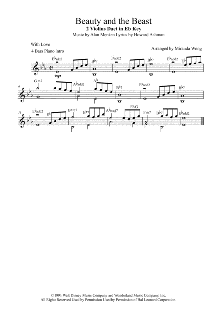 Beauty And The Beast 2 Violins Duet With Chords Sheet Music