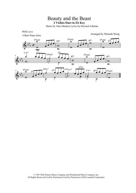 Beauty And The Beast 2 Violins Piano And Cello 2017 Fantastic Version Sheet Music