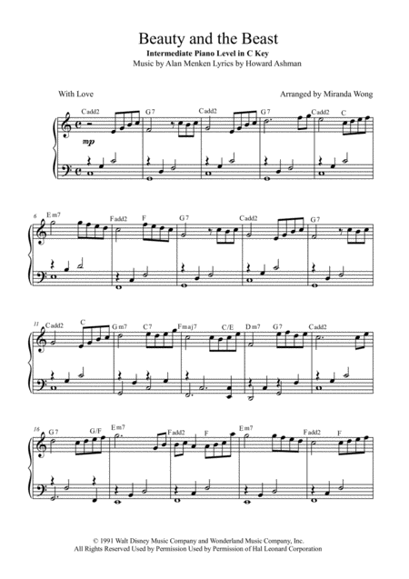 Free Sheet Music Beauty And The Beast Children Piano Solo In C Key With Chords
