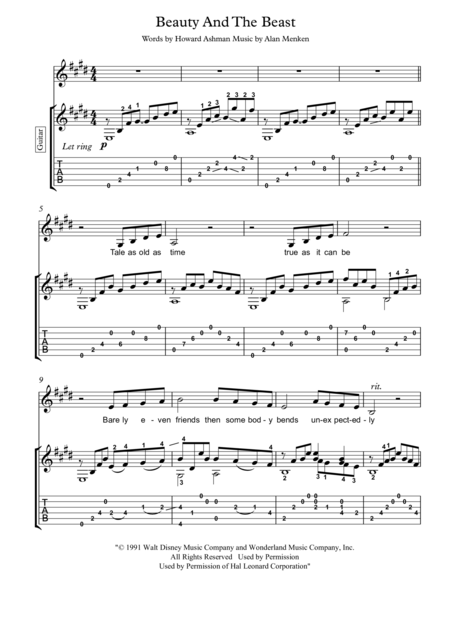 Free Sheet Music Beauty And The Beast Guitar Fingerstyle