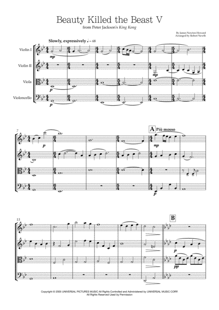 Beauty Killed The Beast V From King Kong For String Quartet Sheet Music