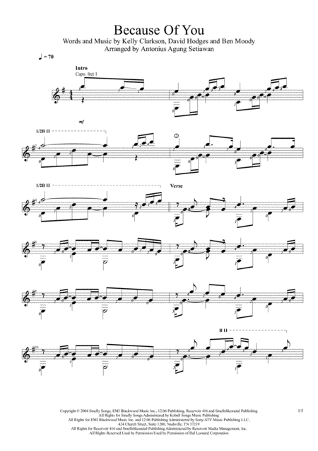 Because Of You Solo Guitar Score Sheet Music