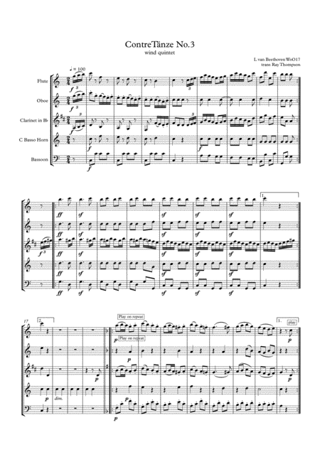 Beethoven As Adapted Seiss Contre Tanze Country Dance No 3 Wind Quintet Sheet Music