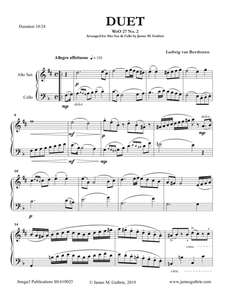 Beethoven Duet Woo 27 No 2 For Alto Sax Cello Sheet Music