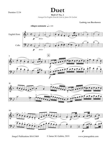 Beethoven Duet Woo 27 No 3 For English Horn Cello Sheet Music