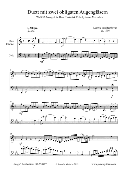 Beethoven Duet Woo 32 For Bass Clarinet Cello Sheet Music