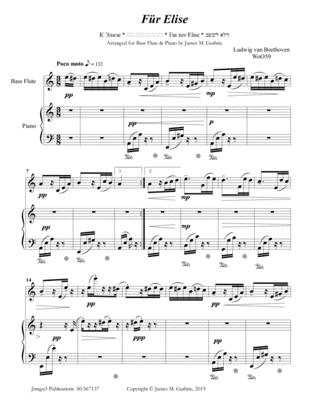 Beethoven Fr Elise For Bass Flute Piano Sheet Music