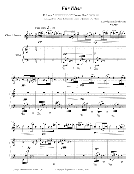 Beethoven Fr Elise For Oboe D Amore Piano Sheet Music