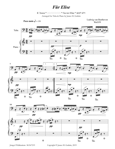 Free Sheet Music Beethoven Fr Elise For Tuba Piano