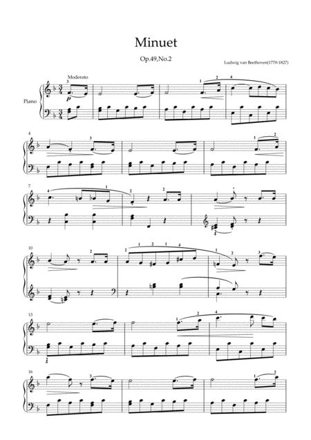 Beethoven Minuet From Op 49 No 2 Easy Piano Arrangement Sheet Music