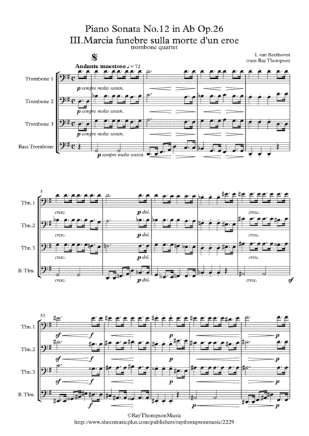 Beethoven Piano Sonata No 12 In Ab Op 26 Mvt Iii Funeral March For A Dead Hero Marcia Funebre Sulla Morte D Un Eroe Trombone Quartet Sheet Music