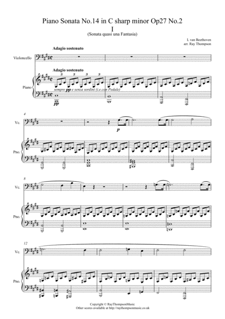 Free Sheet Music Beethoven Piano Sonata No 14 In C Sharp Minor Op 27 No 2 Moonlight Sonata Mvt I Violoncello And Piano