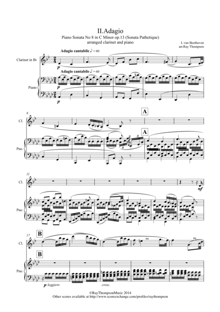 Free Sheet Music Beethoven Piano Sonata No 8 In C Minor Op 13 Sonata Pathetique Mvt Ii Adagio Cantabile Solo Clarinet And Piano